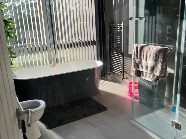 En-suite bathroom with a freestanding black bath, glass shower enclosure and chandelier